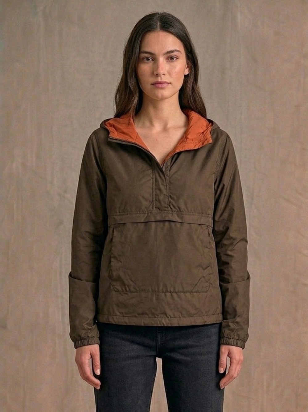 Abercrombie & Fitch Brown Hooded Jacket with Orange Lining